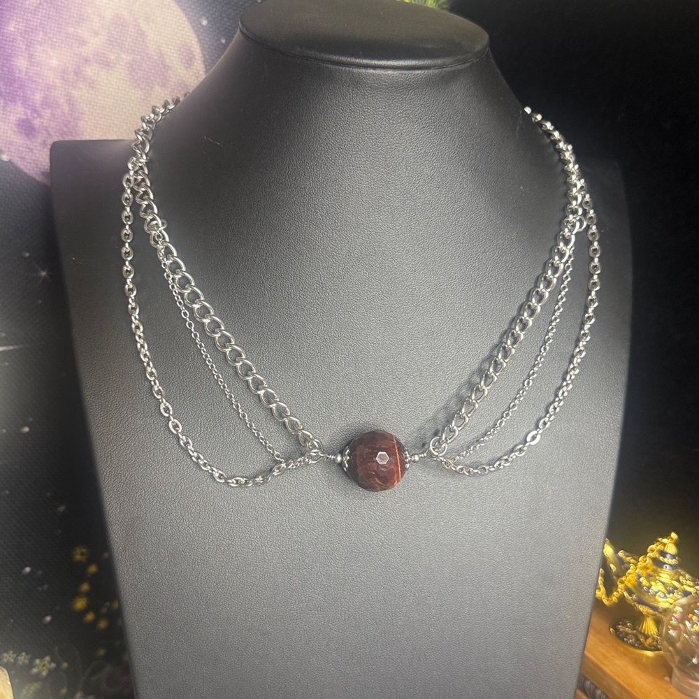 Tigress #2 Red Tigers Iron Eye Faceted Collarbone Necklace Stainless Steel - Picture 3 of 5